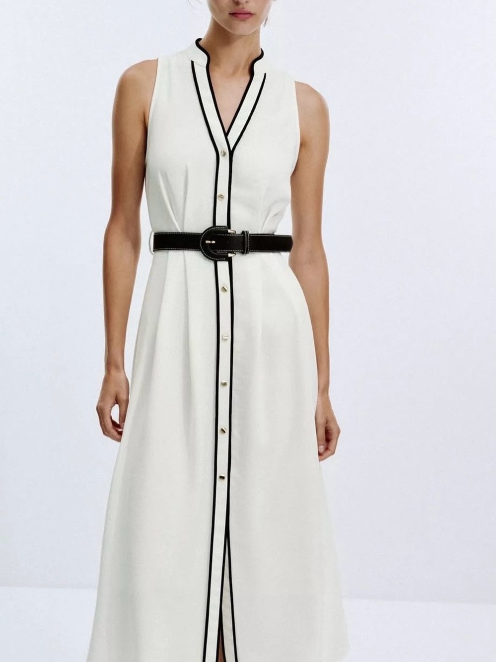 Zara White Sleeveless Midi Shirt Dress with Black Trim